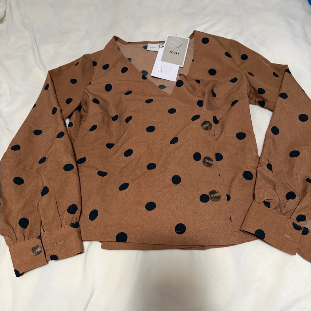 Ichi NWT Polka Dot Side Button Wrap Blouse Size 36 US 8/10
